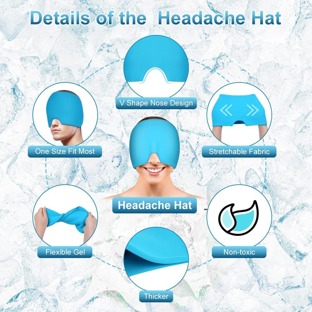 i THERAU Gorro Cómodo de Gel para Alivio de Dolor de Cabeza, Migrañas, ojos hinchados y estres para Terapia de Frío y caliente , Azul