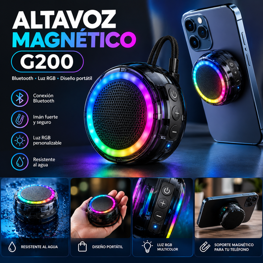 ALTAVOZ BLUETOOTH MAGNÉTICO MULTIFUNCIONAL G200 CON LUZ RGB, ALTAVOZ MAGNÉTICO IMPERMEABLE INALÁMBRICO PARA TELÉFONOS, T